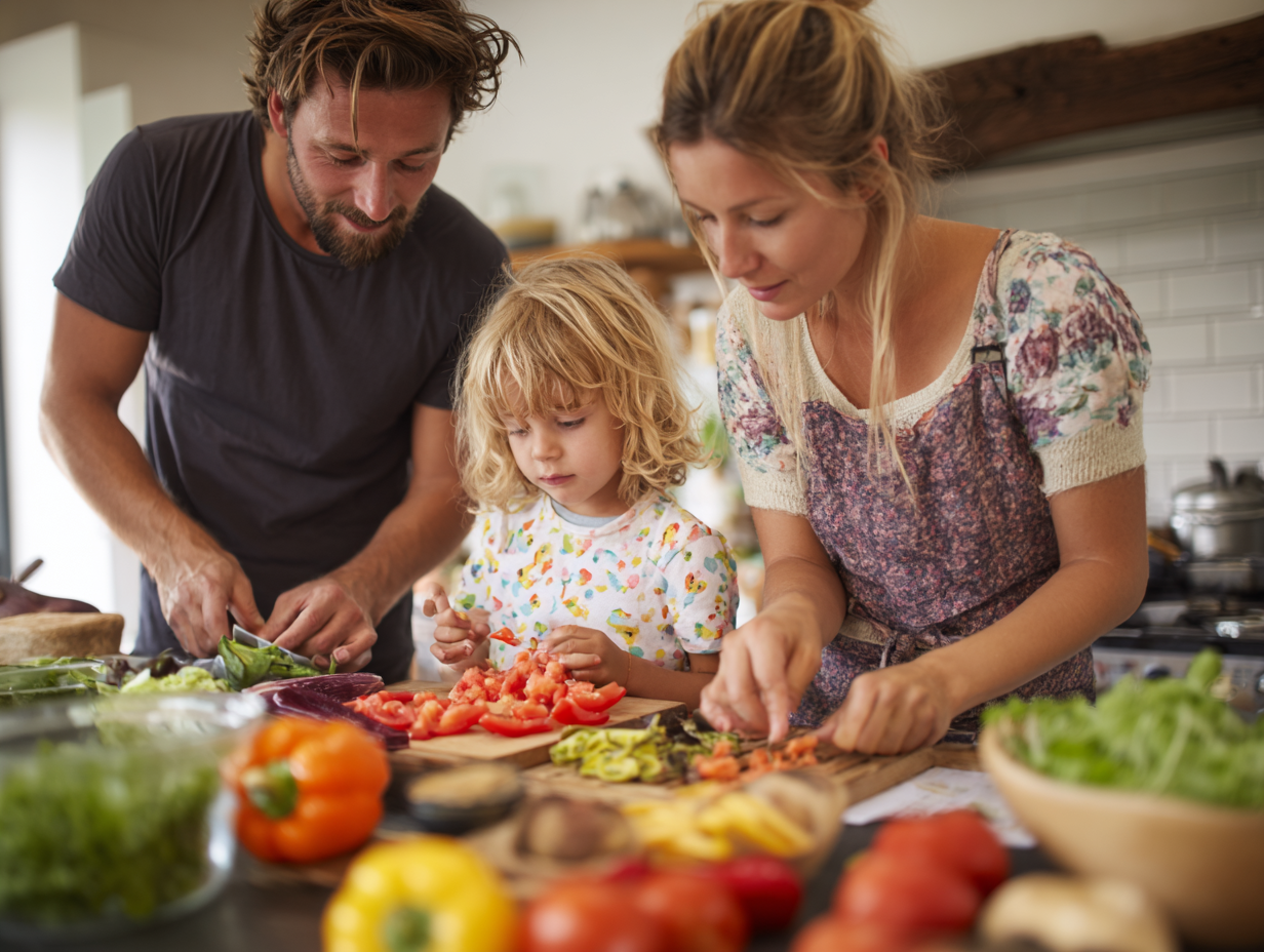 Сімейна кухня з різноманітними свіжими продуктами, овочами та фруктами, що демонструє основи здорового харчування