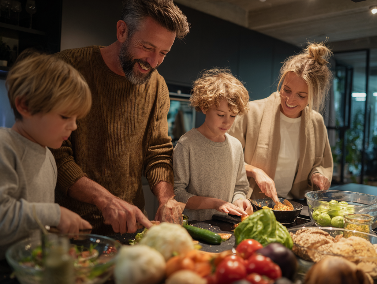 Сім'я готує разом збалансований обід з різноманітними свіжими овочами та цільнозерновими продуктами